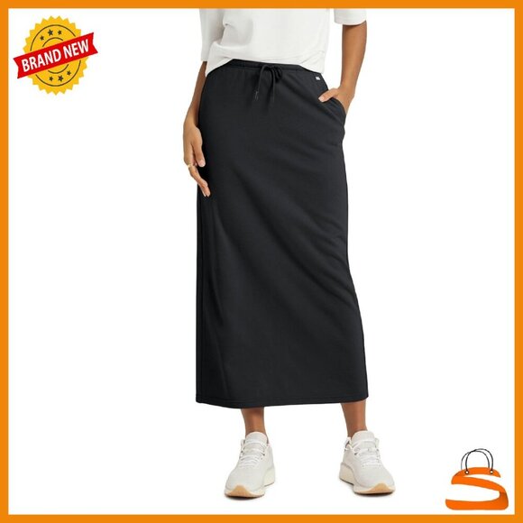 Dresses & Skirts - Cotton French Terry Midi Skirt with Pockets, Drawstring Waist, Back Split